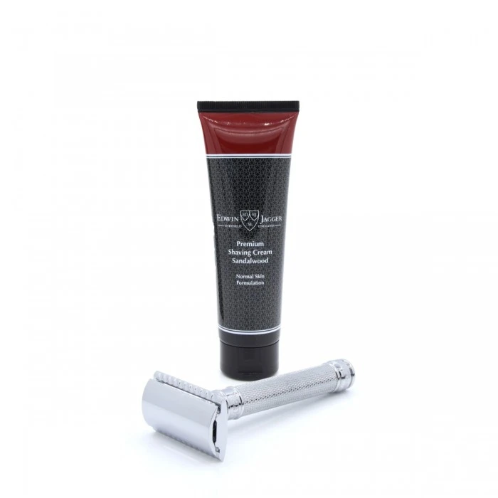 Edwin Jagger Chrome Knurled DE89KN Safety Razor With Sandalwood Shaving Cream Tube 4 Edwin Jagger Chrome Knurled DE89KN Safety Razor With Sandalwood Shaving Cream Tube - Image 2